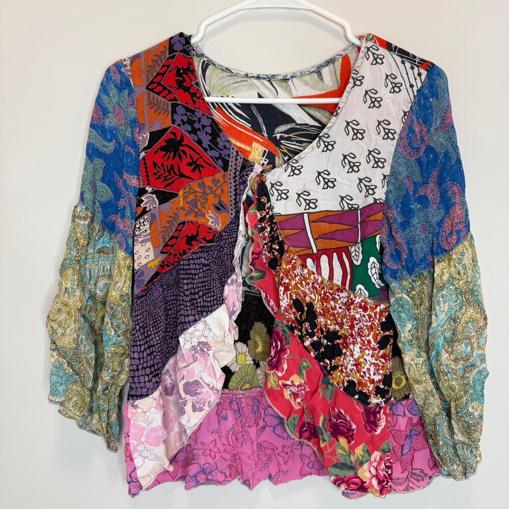 Womens Halter Tie Top Medium Mix Print Colorful Patchwork Y2K Boho Festival VTG - Picture 2 of 5